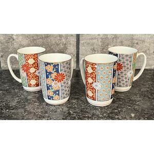 4 Arita Imari Fan 4” Tea Coffee Mugs Japan Oriental Asian Florals Patterns